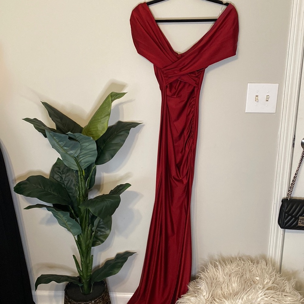 Off The Shoulder Ruched With Side Slit Burgundy Fashion Nova Dress